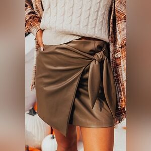 Brown Wrap Mini Skirt with Bowknot Tie Elastic Waist